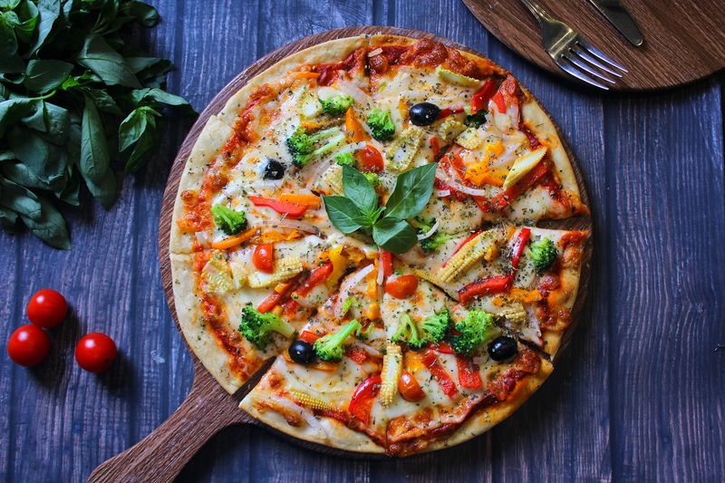 Veggie Supreme pizza with roasted vegetables at Pizza luce Duluth
